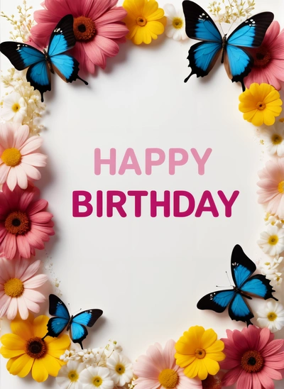 A Birthday card with butterflies and flowers around it with the words happy Birthday written in pink and blue on a white background with a pink border, plain background, a pastel, international typographic style