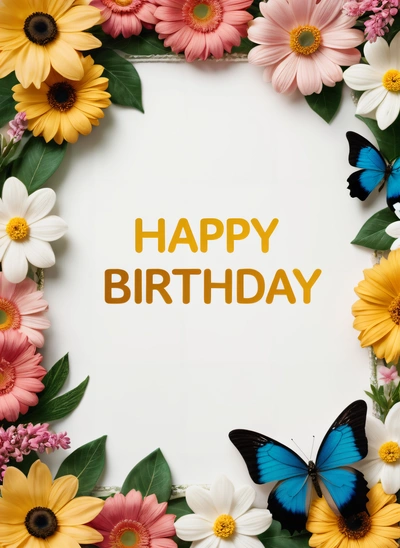 A Birthday card with a butterfly and flowers around it with the words happy Birthday written in the center of the card and a butterfly on the front of the card, plain background, a pastel, international typographic style