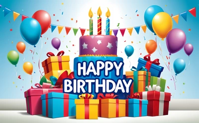 A Birthday cake with presents and balloons on a table with a blue sky background and a banner with a happy Birthday message on it that reads happy Birthday, plain background, a pastel, international typographic style