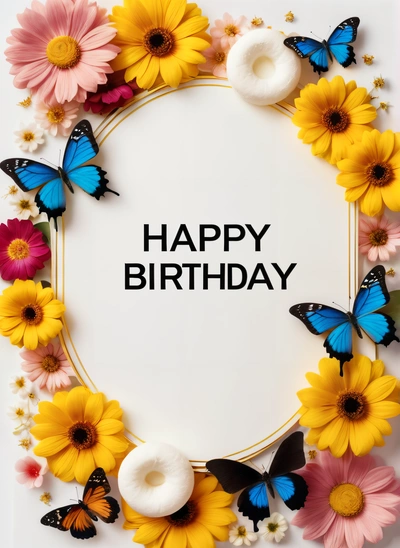 A Birthday card with a white circle surrounded by flowers and butterflies with a message happy Birthday written in the middle of the card on a white background, plain background, a pastel, orphism