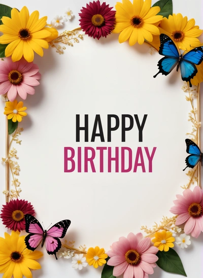 A Birthday card with daisies and butterflies on it with a pink and yellow frame and a pink and white background with the words happy Birthday, plain background, a pastel, international typographic style
