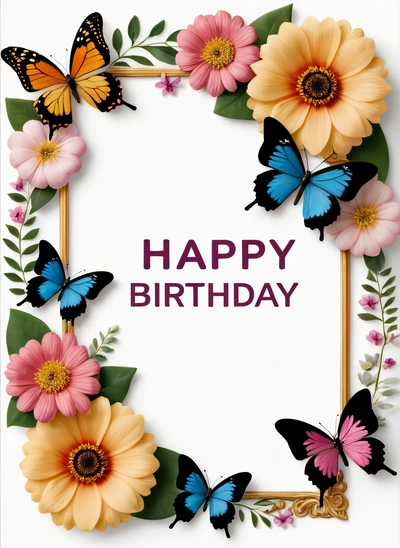 A Birthday card with butterflies and flowers on it, and a message that says happy Birthday to you all of us and the rest of the world, plain background, a pastel, international typographic style