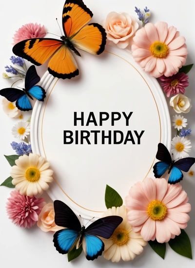 A Birthday card with butterflies and flowers around it with the words happy Birthday written in the center of the card and a white circle with a, plain background, a pastel, international typographic style