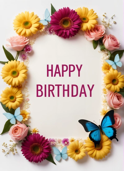 A Birthday card with a butterfly and flowers around it with the words happy Birthday written in the center of the card and a butterfly on the front of the card, plain background, a pastel, international typographic style