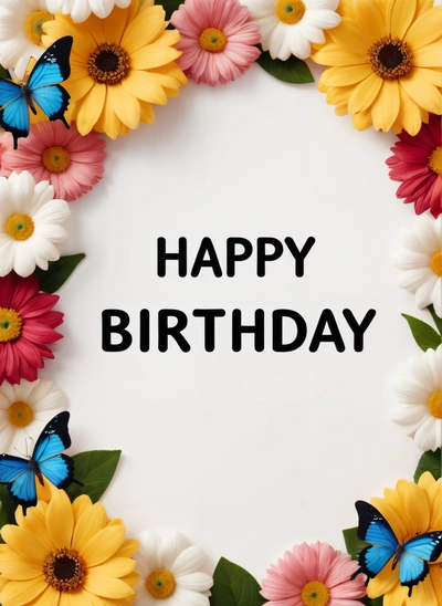 A Birthday card with flowers and butterflies around it with the words happy Birthday written in black on a white background with a white circle of flowers, plain background, a pastel, international typographic style