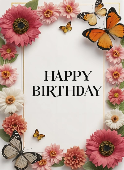 A Birthday card with butterflies and flowers around it with a white background and a gold frame with the words happy Birthday written in black lettering, plain background, a pastel, international typographic style