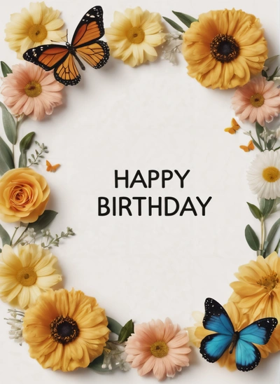 A Birthday card with a wreath of flowers and butterflies on it with a message that reads happy Birthday to all of us and the rest, plain background, a pastel, international typographic style