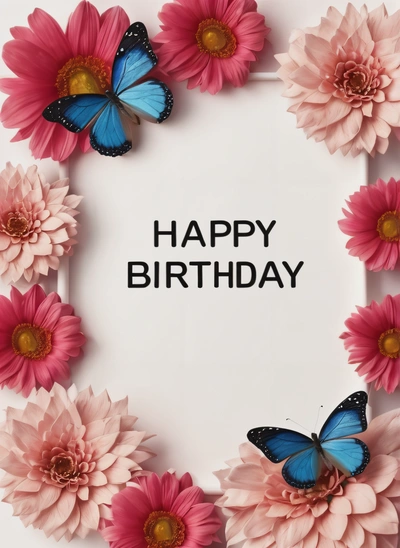 A Birthday card with pink flowers and butterflies on it with a white background with a black text happy Birthday on it and a blue butterfly, plain background, a pastel, international typographic style