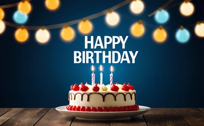 A Birthday cake with lit candles on a table with a blue background and lights hanging from the ceiling above it and a happy Birthday message, dark background, a pastel, american barbizon school