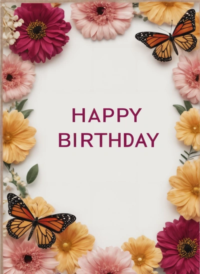 A Birthday card with a butterfly and flowers on it with a message that reads happy Birthday to you and to all of us, you, plain background, a pastel, international typographic style