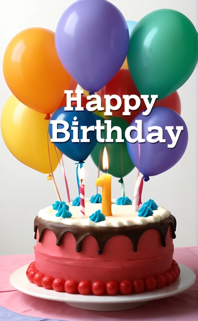 A Birthday cake with balloons and a candle on it that says happy Birthday to you on the top of the cake is a pink cake with white icing and chocolate icing, plain background, a pastel, international typographic style