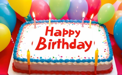 A Birthday cake with candles and balloons in the background with the words happy Birthday written on it in red, white, and blue frosting, happy, a pastel, international typographic style