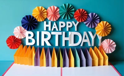 A Birthday card with colorful paper umbrellas and the words happy Birthday on it in white letters on a blue background with a blue backdrop, plain background, a pastel, international typographic style