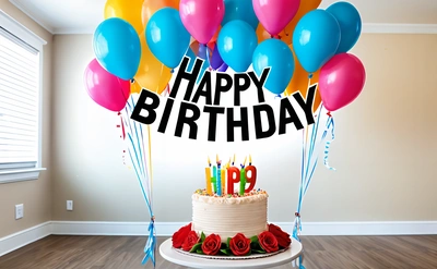 A Birthday cake with balloons and a happy Birthday sign on it with the words happy Birthday written on it in black letters on a white cake, plain background, a pastel, international typographic style