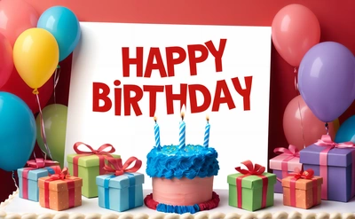 A Birthday card with a Birthday cake and presents on a table with balloons and balloons around it and a sign that says happy Birthday with a, plain background, a pastel, international typographic style