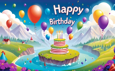 A Birthday card with a cake and balloons in the sky and a mountain background with a stream of water and a lot of balloons in the sky, plain background, a pastel, naive art