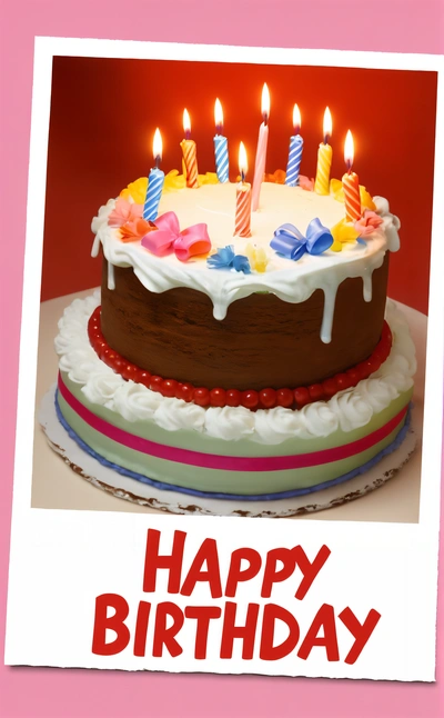 A Birthday cake with lit candles on a pink background with a happy Birthday message in the middle of the card, with a pink background with a pink border and white border, happy, a pastel, american barbizon school