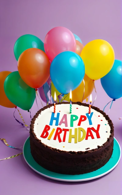 A Birthday cake with balloons on a plate on a purple background with a purple border and a purple border with a blue border and a purple border with a blue border, plain background, a pastel, international typographic style