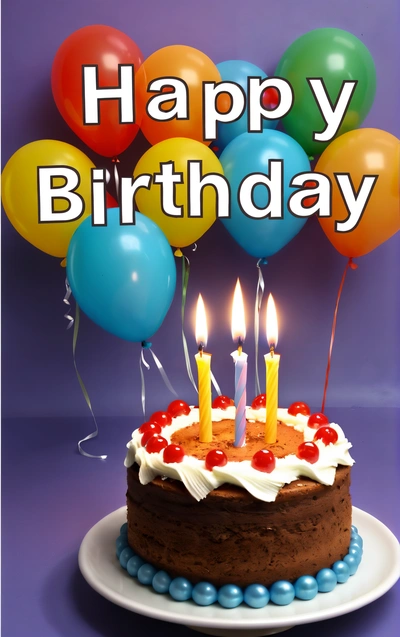 A Birthday cake with candles and balloons on a plate with a happy Birthday message on it that reads, happy Birthday, with a bunch of balloons, plain background, a pastel, net art