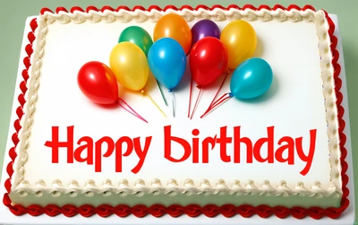 A Birthday cake with balloons on it that says happy Birthday on it's side and a red and white border around the edges of the cake, plain background, a pastel, international typographic style