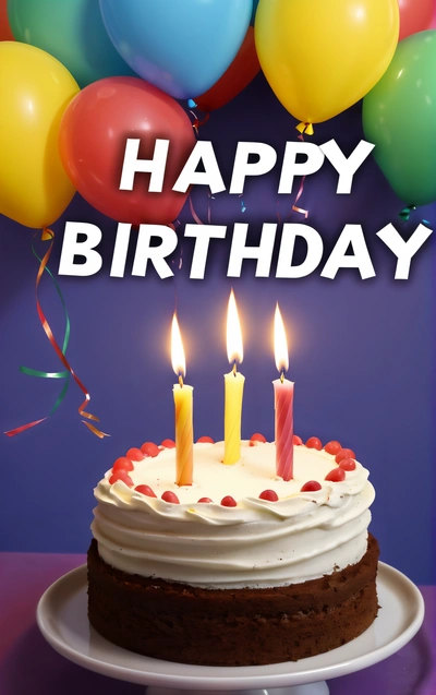 A Birthday cake with candles and balloons on a table with a purple background and a purple wall with a happy Birthday message on it that says happy Birthday, promotional image, a pastel, american barbizon school