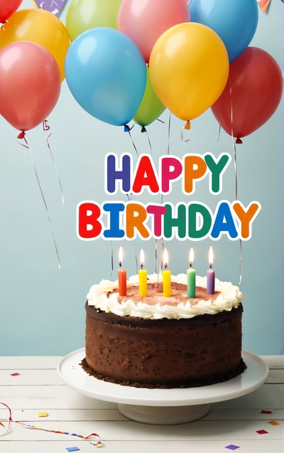 A Birthday cake with candles and balloons on a table with a blue background and a blue wall behind it with a happy Birthday message on it, plain background, a pastel, american barbizon school