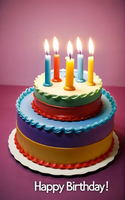 A Birthday cake with lit candles on it with a happy Birthday message below it on a purple background with a pink backdrop and a pink backdrop, pastel, a pastel, dau-al-set