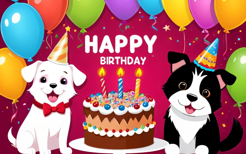 Two dogs are sitting in front of a Birthday cake with candles and balloons on it, and a Birthday card with a dog and a cake, happy, a digital rendering, naive art