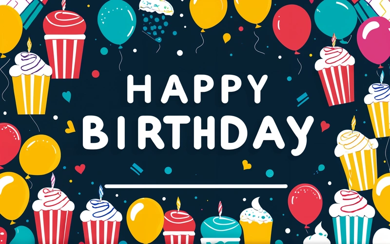 A Birthday card with cupcakes and balloons in a circle with a happy Birthday message in the middle of the card is a blue background with a black background with a, smooth and clean vector curves, a pastel, international typographic style