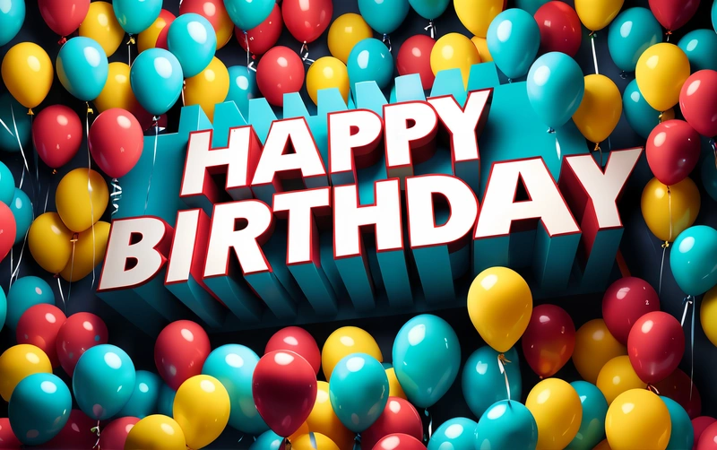 A Birthday card with balloons and a happy Birthday message in the middle of it with a background of balloons and a blue box with a red and white sign, plain background, a pastel, international typographic style