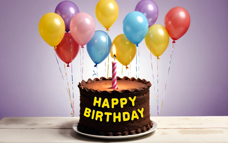 A Birthday cake with balloons on top of it and a candle in the middle of the cake that says happy Birthday on it, with a purple background, plain background, a pastel, international typographic style
