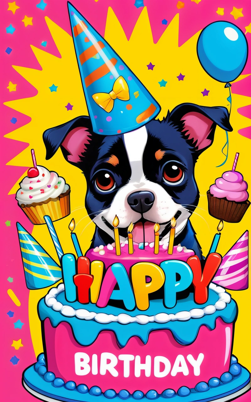 A dog with a Birthday hat and cupcakes on a Birthday card with a happy Birthday message on it's front cover, with a pink background with stars and yellow and blue and yellow, highly detailed digital art, a pastel, naive art