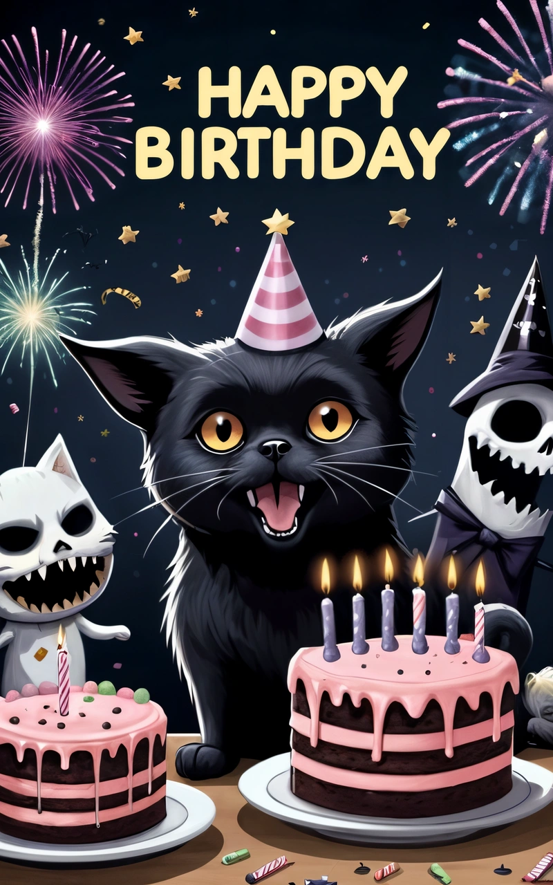 A black cat sitting in front of a Birthday cake with candles and a skeleton on it with a happy Birthday message in the background with a skeleton and a, dark background, a poster, furry art