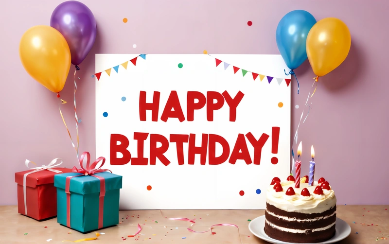 A Birthday card with a Birthday cake and balloons on a table with a gift box and a card with a happy Birthday message on it, plain background, a pastel, international typographic style