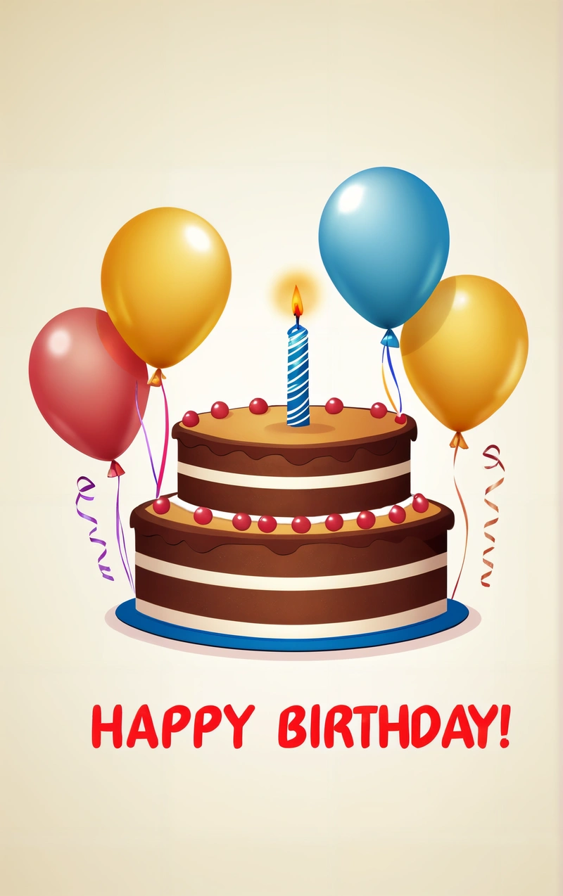 A Birthday cake with balloons and a candle on it with a happy Birthday message on the side of the cake that says, happy Birthday, plain background, a pastel, american barbizon school