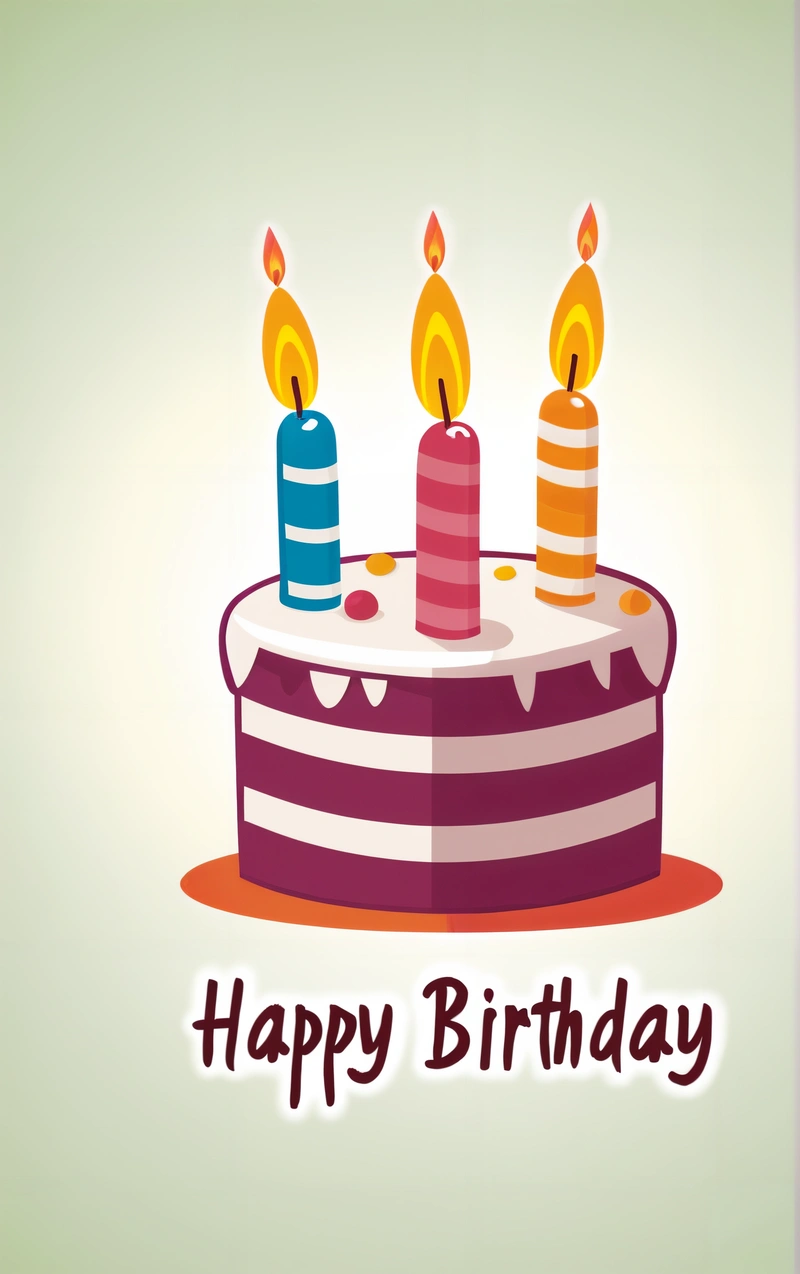 A Birthday cake with three candles on it with a happy Birthday message below it that reads, happy Birthday, with a cake with candles, plain background, a pastel, american barbizon school