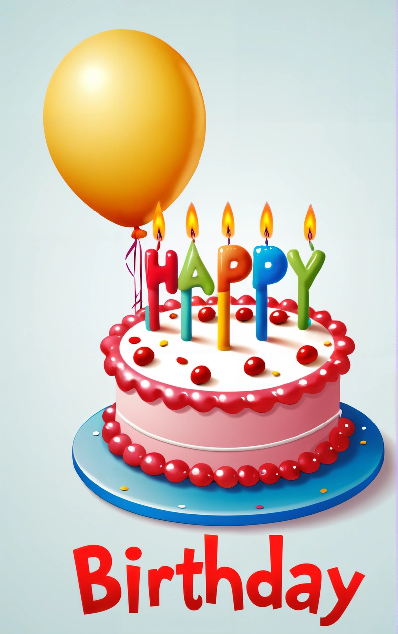 A Birthday cake with candles and a balloon on it with the words happy Birthday written on it and a blue background with a red border, happy, a pastel, american barbizon school