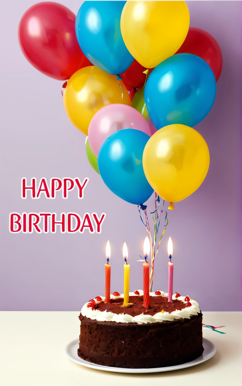 A Birthday cake with balloons and a candle on it with a happy Birthday message on it's side and a purple background with a purple wall, plain background, a pastel, american barbizon school