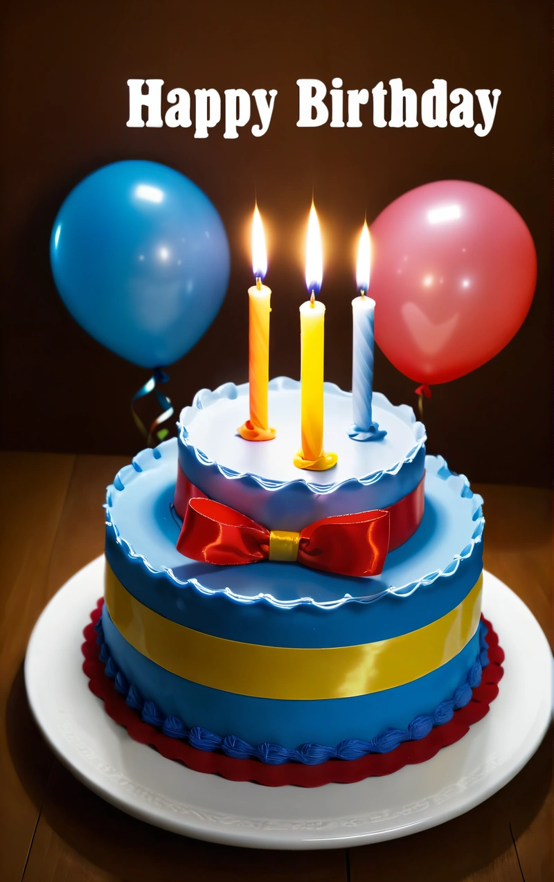 A Birthday cake with three candles and balloons on a table with a brown background and a happy Birthday message in the middle of the cake, 3 d, a pastel, dau-al-set