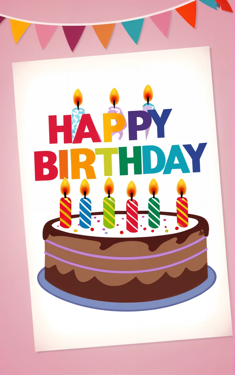 A Birthday card with a cake with candles on it and a bunting banner in the background that says happy Birthday, with a cake with candles, plain background, a pastel, net art