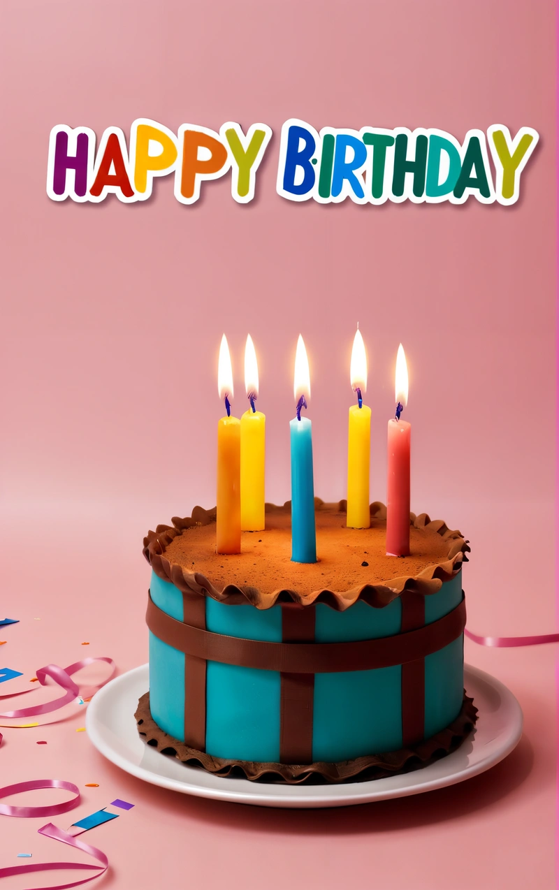 A Birthday cake with lit candles on a plate with a happy Birthday sign in the background with streamers and streamers around it on a pink background, happy, a pastel, net art