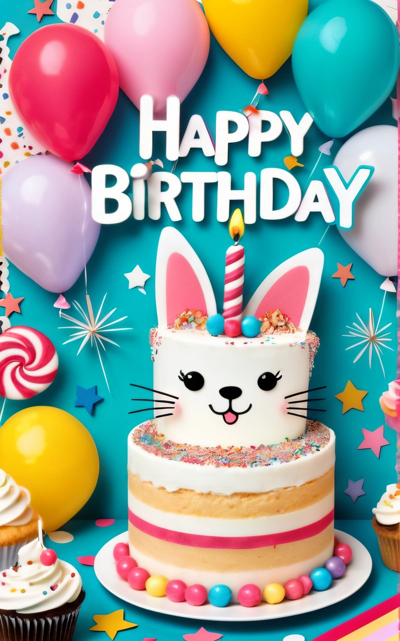 A Birthday cake with a bunny face on it and balloons around it and a happy Birthday card with a bunny face on it and a cake, plain background, a pastel, naive art