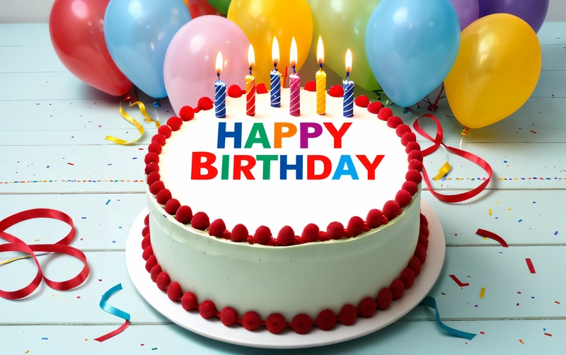 A Birthday cake with candles and balloons on a table with streamers and streamers around it and a happy Birthday message on the cake, happy, a pastel, international typographic style