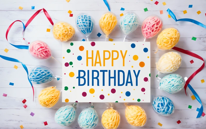 A Birthday card surrounded by cupcakes and streamers of streamers and streamers on a white background with confetti and streamers, plain background, a pastel, international typographic style