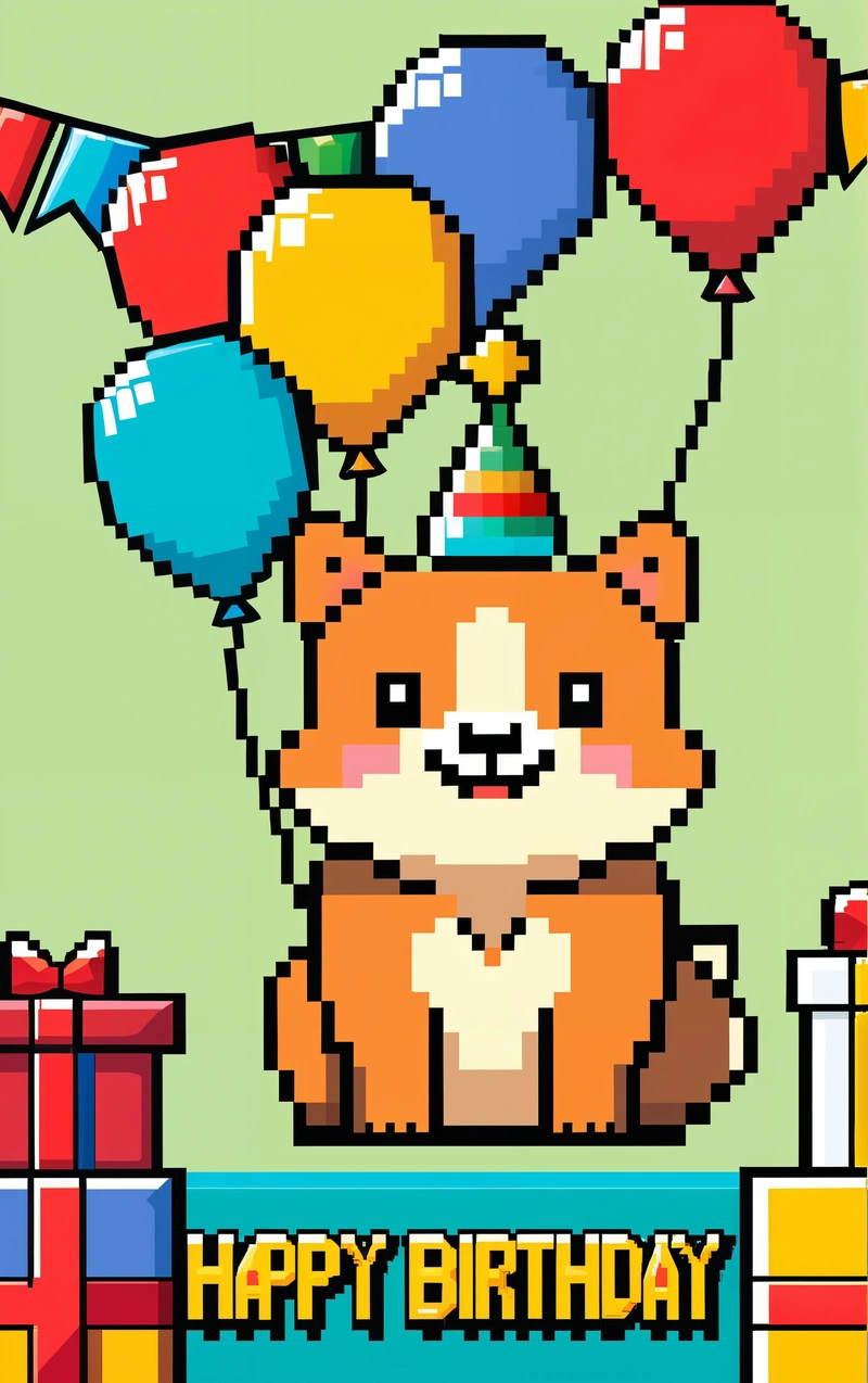 A pixel art picture of a cat with balloons and a Birthday hat on it's head, with a gift box in the foreground, 2 d game art, pixel art, pixel art