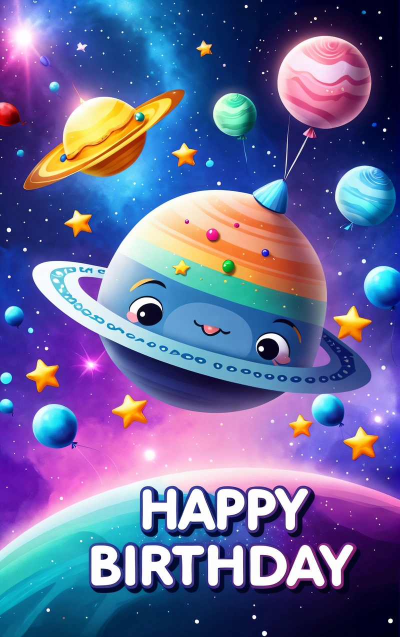 A cartoon character with a happy Birthday message in front of a space background with planets and stars, and a happy Birthday message in the middle, galaxy, a screenshot, space art