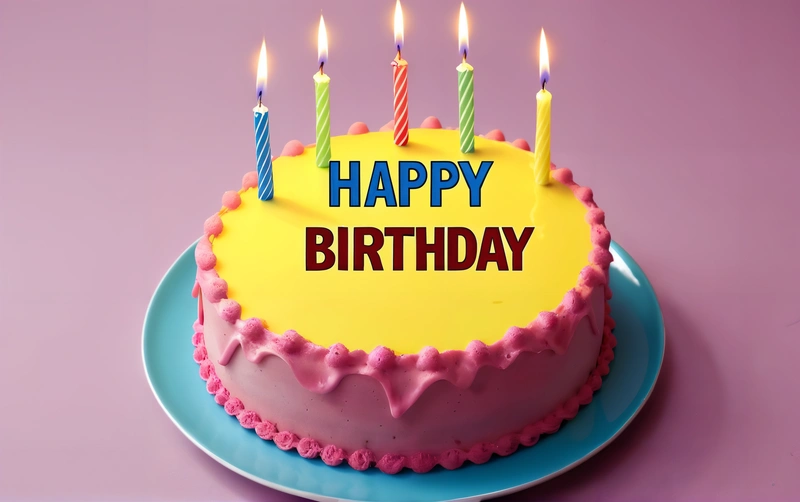 A Birthday cake with lit candles on a plate on a table with a purple background and a pink background with a blue plate with a yellow cake with a pink frosting and blue border, happy, a pastel, net art