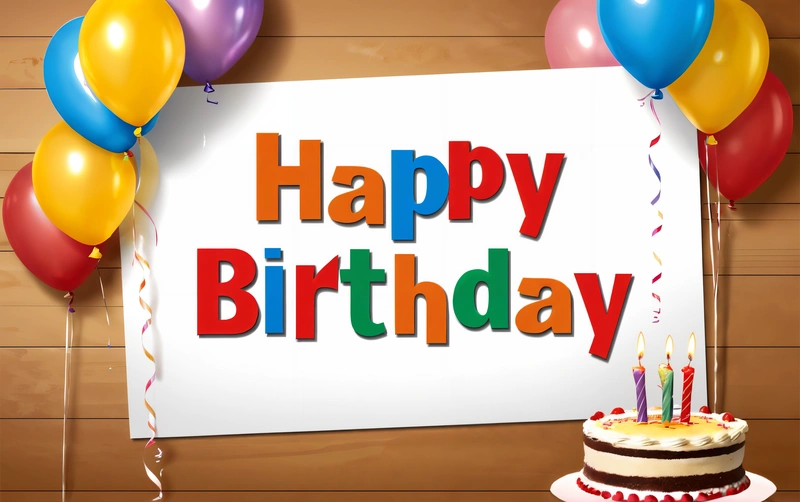 A Birthday card with a cake and balloons on a table with a sign that says happy Birthday on it and a bunch of balloons around it, plain background, a pastel, international typographic style