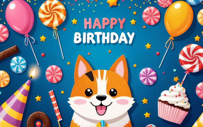 A happy Birthday card with a corgi dog surrounded by candy, lollipops, and balloons and stars on a blue background, plain background, computer graphics, furry art