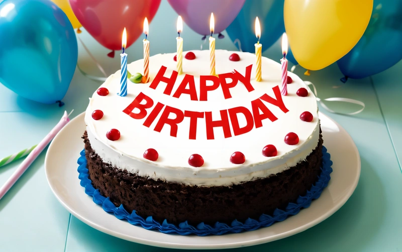 A Birthday cake with candles on it sitting on a plate with balloons in the background and a happy Birthday message written on the cake top, happy, a pastel, international typographic style